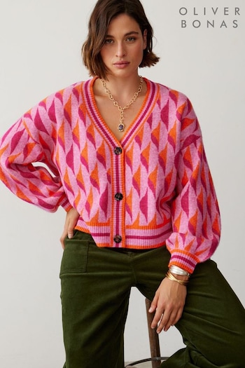 Oliver Bonas Pink Geometric Jacquard Knitted Cardigan (N51572) | £65