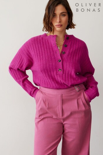 Oliver Bonas Magenta Pink Button Down Ribbed Knitted Jumper (N51577) | £59.50