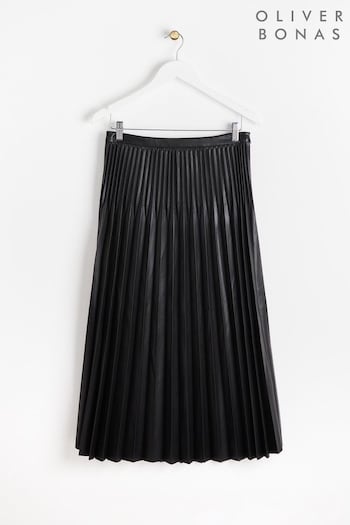 Oliver Bonas Faux Leather Pleated Midi Black Skirt (N51587) | £69.50