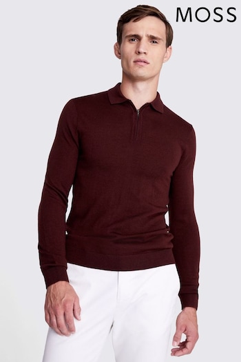MOSS Wine Red Merino-Blend Zip Polo fit Shirt (N51712) | £60