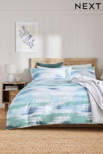 Green/ Blue Blurred Stripe 100% Cotton Reversible Duvet Cover and Pillowcase Set (N51750) | £18 - £48