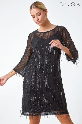 Dusk Black Sequin Sparkle Tassel Shift Dress (N51936) | £80