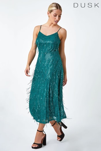 Dusk Green Sequin Sparkle Tassel Midi Dress (N51937) | £80