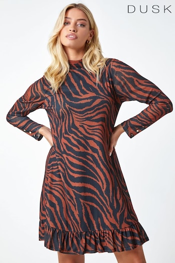 Dusk Orange Animal Print Frill Detail Mesh Dress (N51950) | £45