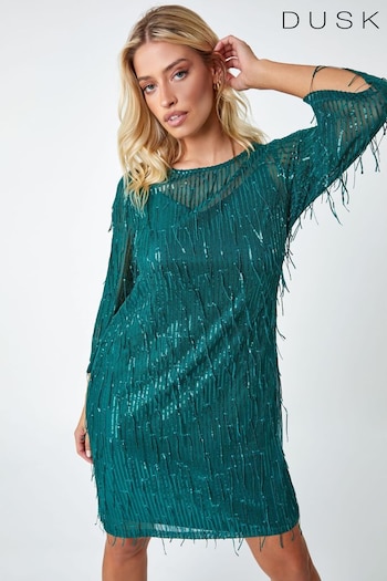 Dusk Green Sequin Sparkle Tassel Shift Dress (N51952) | £80