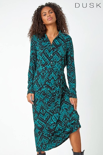 Dusk Green Abstract Print Stretch Shirt Dress (N51958) | £48