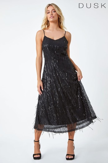 Dusk Black Sequin Sparkle Tassel Midi Dress (N51961) | £80