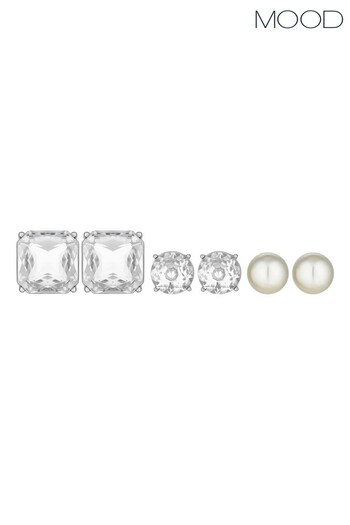 Mood Silver Crystal And Pearl Oversized Stud Earrings Pack of 3 (N52209) | £17