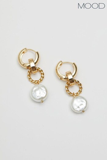 Mood Gold Tone Textured Link Freshwater Pearl Drop Earrings (N52215) | £17