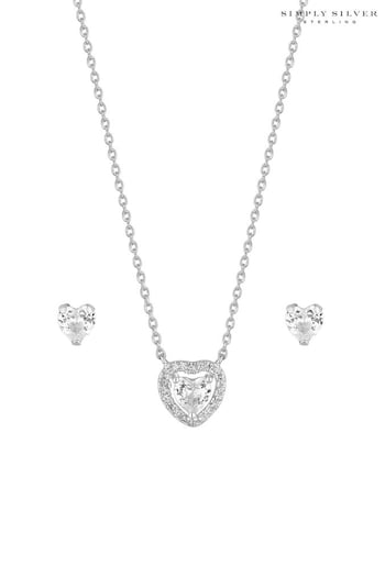 Simply Silver Sterling Silver Tone 925 Cubic Zirconia Halo Heart Set - Gift Boxed (N52433) | £32