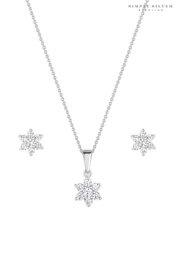 Simply Silver Sterling Silver Tone 925 White Cubic Zirconia Flower Matching Set - Gift Boxed (N52439) | £32