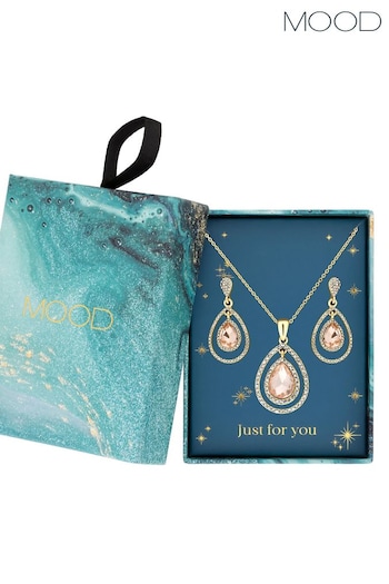 Mood Gold Plated Pink Teardrop Halo Necklace & Earring Gift Boxed Set (N52443) | £20