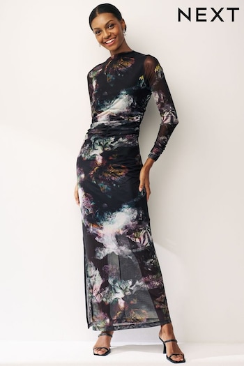 Blurred Floral Long Sleeve Ruched Mesh Midi Dress (N52461) | £42