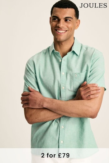 Joules Linen Blend Green Plain Short Sleeve Shirt (N52516) | £44.95