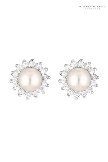 Simply Silver Silver Tone Freshwater Pearl And Cubic Zirconia Halo Stud Earrings (N52736) | £20