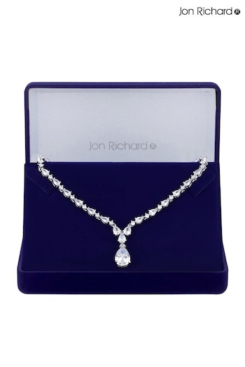 Jon Richard Silver Tone Rhodium Plated Cubic Zirconia Graduated Peardrop Gift Boxed Short Pendant Necklace (N52885) | £60