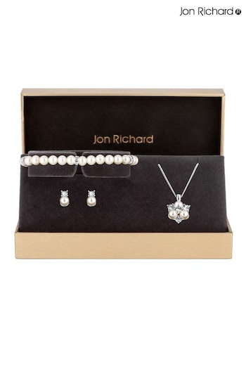 Jon Richard Silver Tone Clear Crystal Pearl And Crystal Cluster Trio Necklace, Bracelet and Earring Matching Set (N52909) | £30