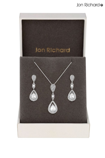 Jon Richard Silver Tone Clear Crystal Pave 3 Tier Pear Drop Necklace & Earring Matching Set (N52910) | £35