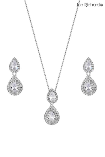 Jon Richard Silver Plated Rhodium Double Pear Drop Cubic Zirconia Gift Boxed Crystal Set (N53175) | £25