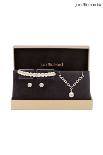 Jon Richard Silver Tone Twist Pearl Bracelet, Necklace and Earrings Trio Set (N53177) | £30