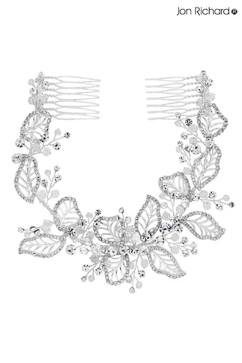 Jon Richard Silver Plated Clear Crystal Olivia Pave Leaf Gift Pouch Double Hair Comb (N53209) | £60