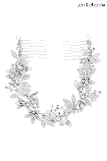 Jon Richard Silver Tone Plated Clara Brushed Leaves Fresh Water Pearl And Crystal Double Comb (N53214) | £70