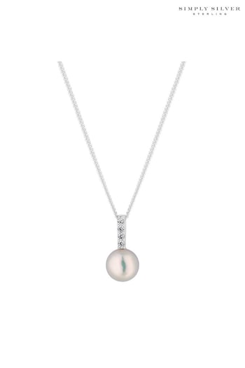 Simply Silver Sterling Silver 925 Cubic Zirconia Bar Freshwater Pearl Pendant Necklace (N53311) | £25