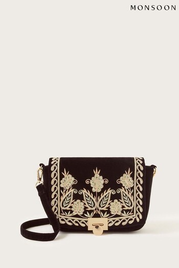 Monsoon Velvet Embroidered Cross-Body Black Bag (N53487) | £45
