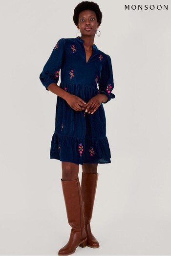 Monsoon Blue Faith Embroidered Velvet Dress (N53494) | £85
