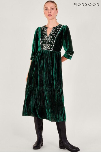 Monsoon Green Penny Paisley Embroidered Dress (N53495) | £100