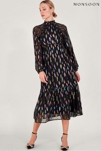 Monsoon Fenna Feather Print Black Dress Rip (N53507) | £95