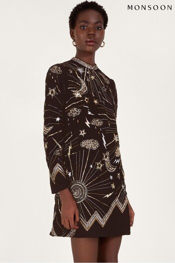 Monsoon Tina Embroidered Velvet Black Tunic Dress (N53510) | £150