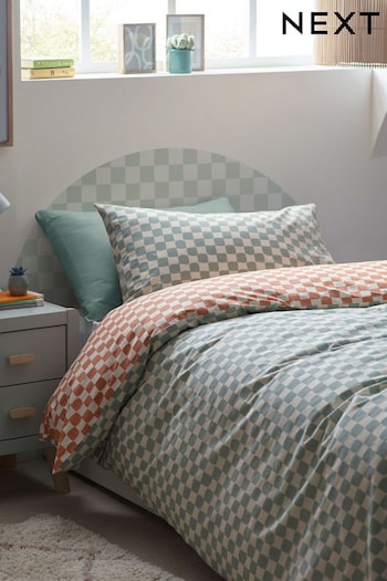 Sage/Rust Checkerboard 100% Cotton Printed Bedding Duvet Cover and Pillowcase Set (N53638) | £20 - £28