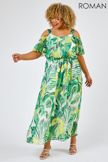 Roman Green Curve Tropical Leaf Print Cold Shoulder Maxi Dress (N53657) | £55
