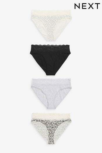 Black/Cream Print/Grey High Leg Cotton and Lace Knickers 4 Pack (N53801) | £17