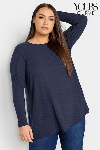 Yours Curve Blue Long Sleeve Ribbed Swing T-Shirt (N53829) | £22