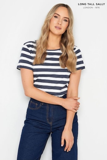 Long Tall Sally Navy Blue Stripe Crew Neck T-Shirt (N53944) | £19
