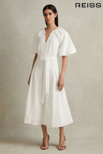 Reiss White Alice Petite Lyocell Blend Puff Sleeve Midi Dress (N53950) | £268
