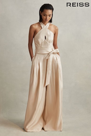 Reiss Neutral Jacinta Viscose Linen Wide Leg Jumpsuit (N54017) | £268