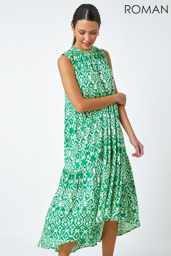 Roman Green Aztec Tiered Smock Midi Dress (N54221) | £42