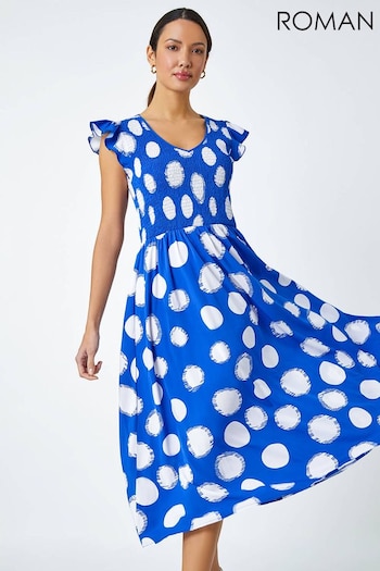 Roman Blue Polka Dot Shirred Stretch Midi Dress (N54222) | £42