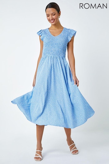 Roman Blue Ditsy Heart Shirred Stretch Midi Dress (N54227) | £42