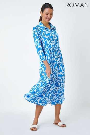 Roman Blue Wave Print Tiered Shirt deze Dress (N54237) | £42
