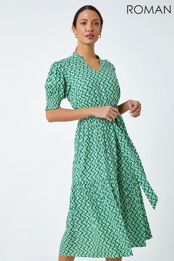Roman Green Geometric Tiered Belted Midi Dress (N54253) | £42