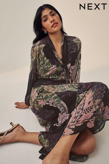 Purple Paisley Print Long Sleeve Tie Neck Asymmetric Midi Dress (N54442) | £52