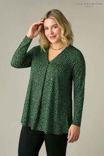 Live Unlimited Curve - Green Spot Print Jersey Pleat Front Top (N54533) | £45