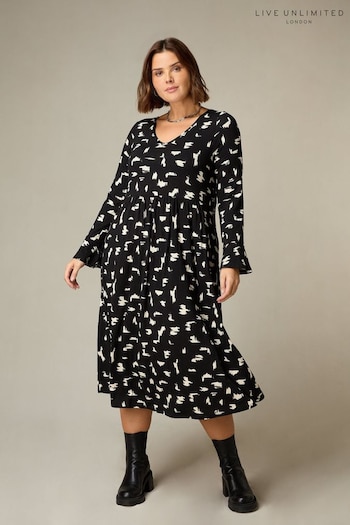 Live Unlimited Curve Mono Smudge Print Jersey Flute Sleeve Midi Black Dress (N54542) | £59