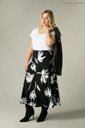 Live Unlimited Curve Mono Floral Print Bias Cut Black Skirt (N54550) | £59