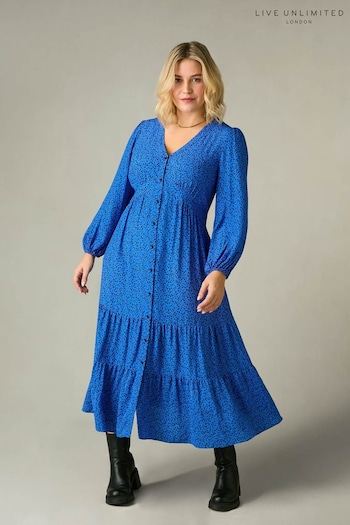 Live Unlimited Blue Curve Ditsy Button Through Midaxi Dress (N54553) | £89