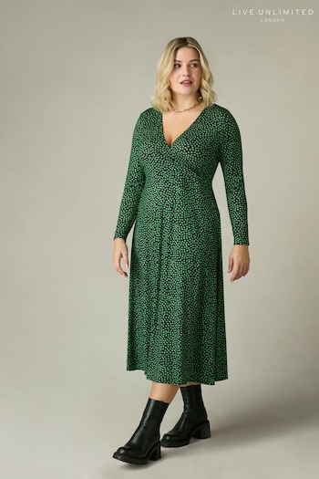 Live Unlimited Green Curve Spot Print Jersey Wrap Dress (N54554) | £59